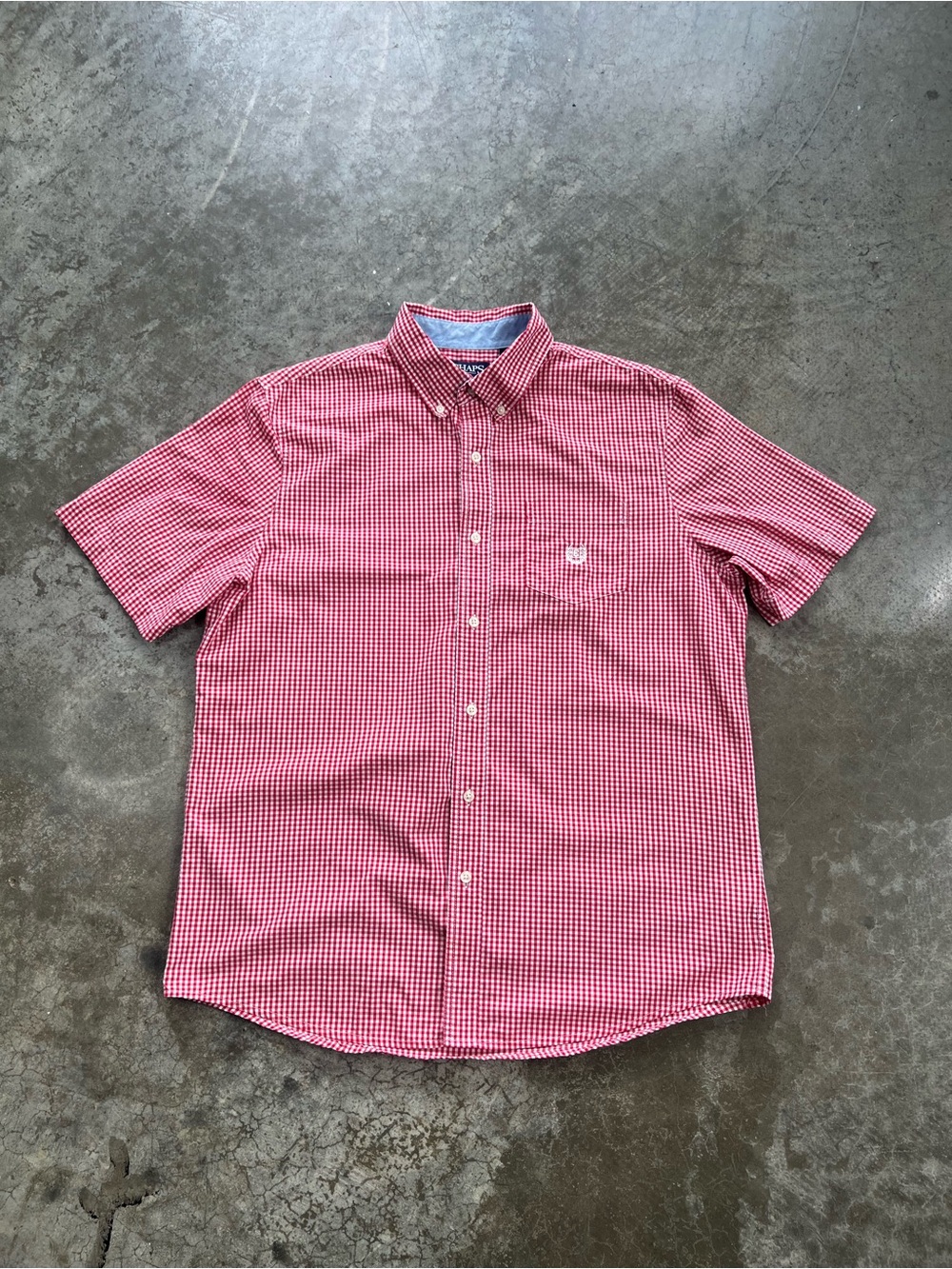 Chaps Large Red White Gingham Button Down Shirt Preppy Coastal Classic